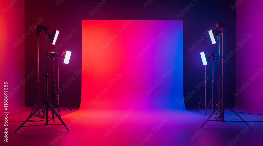 Poster gradient studio backdrop with professional lighting equipment setup
