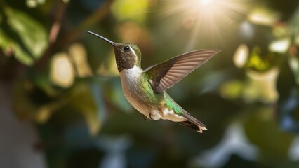 Hummingbird in flight, iridescent feathers, outstretched wings, soft bokeh background, green leaves, sunlit garden, macro photography, high detail, vibrant colors, nature close-up, golden hour lightin