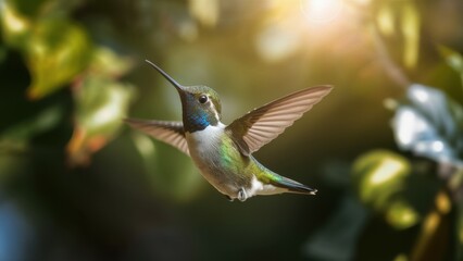 Hummingbird in flight, iridescent feathers, outstretched wings, soft bokeh background, green leaves, sunlit garden, macro photography, high detail, vibrant colors, nature close-up, golden hour lightin