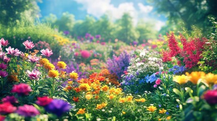 Obraz premium Vivid and Colorful Floral Landscape with Diverse Blooming Flowers