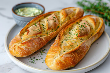 Golden-crusted baguettes topped with herb butter and parsley, served with a side of creamy herb spread on a white plate for a rustic presentation.
