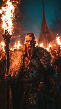 Viking warrior with a braided beard and painted face holds flaming torch. Up Helly Aa vertical shot