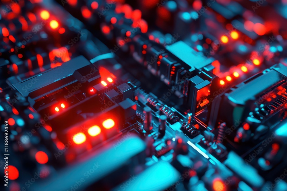 Poster abstract close-up view of a high-tech electronic circuit board with glowing red leds, showcasing int