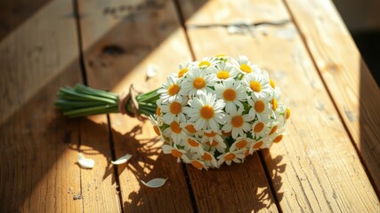 Sunlit bouquet of daisies rests on weathered wood