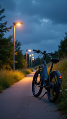 An electric bike parked on a night path with streetlights in the background.