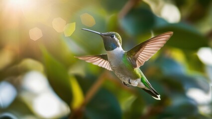 Fototapeta premium Hummingbird in flight, iridescent feathers, outstretched wings, soft bokeh background, green leaves, sunlit garden, macro photography, high detail, vibrant colors, nature close-up, golden hour lightin