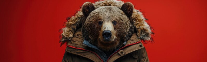 Fototapeta premium Brown bear wearing a brown jacket with a fur hood, animal background, banner, copy space