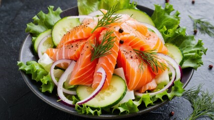 Fresh salmon fillet, vibrant green salad, sliced cucumbers, dark stone background, water droplets, healthy cuisine, macro food photography, bright colors, raw seafood, gourmet presentation, nutritious