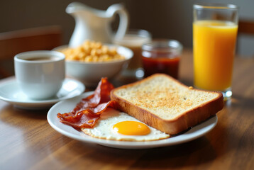 Breakfast plate with eggs, bacon, toast, and orange juice