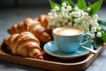 Coffee with croissants on a wooden tray