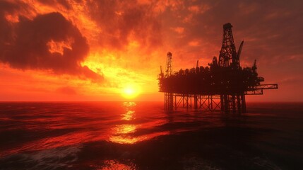 Obraz premium Offshore oil rig silhouette at sunset over dramatic ocean.