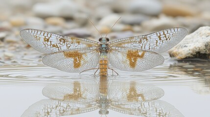 Fototapeta premium An Insect With Delicate Wings Reflects In Water
