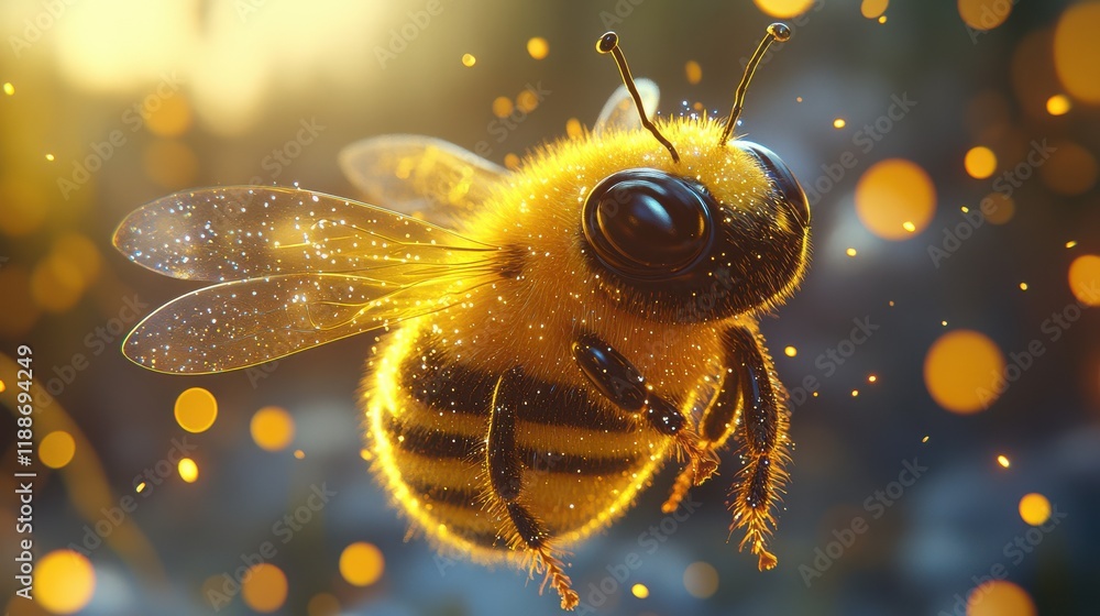 Poster close-up of a vibrant bee with soft glow and sparkling background