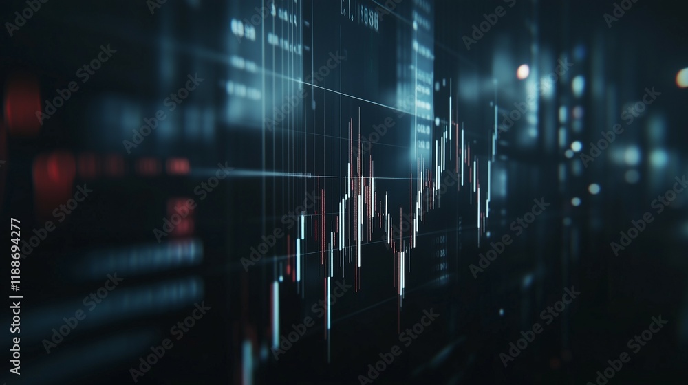 Poster the background is blue, with stock market graphs and numbers on the screen. the charts show differen