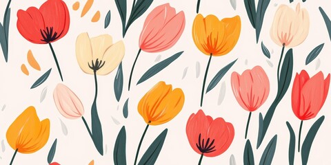 Fototapeta premium Seamless Floral Garden Pattern with Tulips, Leaves, and Beautiful Spring Bloom for Textile Design