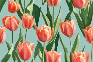 Obraz premium Seamless Botanical Floral Print with Tulips, Leaves, and Blossoms for Elegant Wallpaper Design