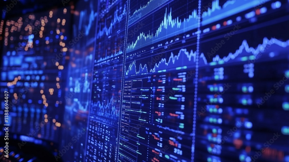 Fototapete the background is blue, with stock market graphs and numbers on the screen. the charts show differen
