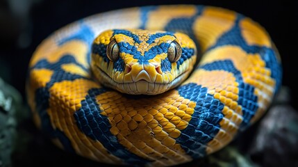 Coiled snake showing its colorful scales and staring at viewer