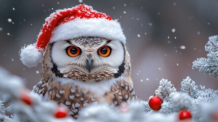 Obraz premium Owl Santa Hat. Copy Space
