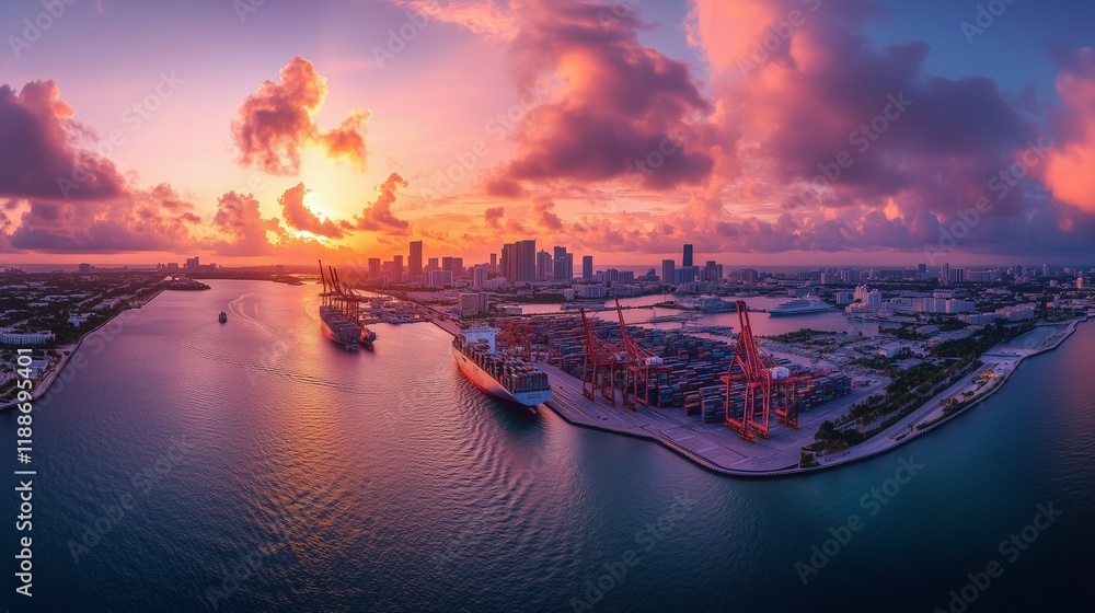Poster an aerial view of the shipyard with colorful shipping containers stacked high, surrounded by cranes 