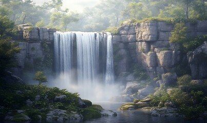 Fototapeta premium Misty waterfall cascading down rocky cliffs into a serene pool, surrounded by lush green forest.