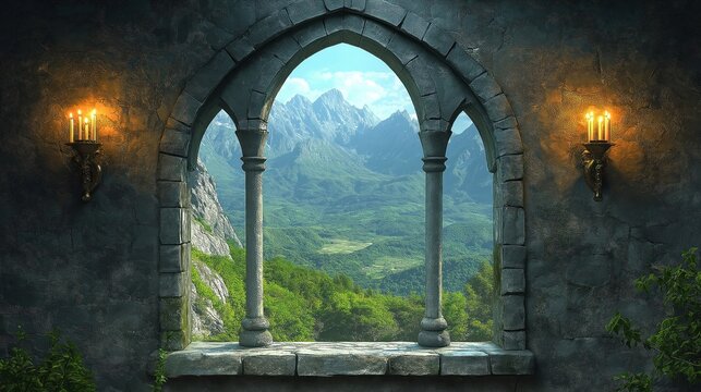 Fototapeta Ancient castle window overlooking rich mountain valley. Stone archway frames serene landscape with plants, peaks. Gentle light from candles illuminates interior. Peaceful, enchanting view. Ideal for