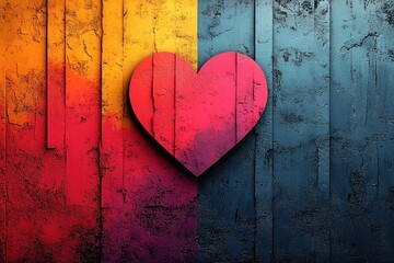 Creative graphic layout featuring a heart shape against a colorful textured background