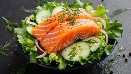 Fresh salmon fillet, vibrant green salad, sliced cucumbers, dark stone background, water droplets, healthy cuisine, macro food photography, bright colors, raw seafood, gourmet presentation, nutritious