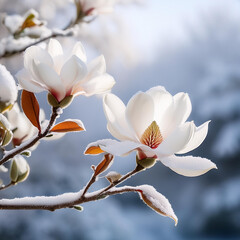 Winters Embrace SnowCovered Magnolia Blossoms in Frosty Scene, Generated image