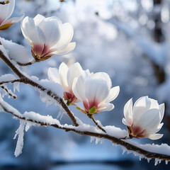Winters Embrace SnowCovered Magnolia Blossoms in Frosty Scene, Generated image