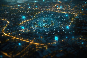 Majestic City Skyline Panorama: Breathtaking Aerial View of Urban Sprawl at Night, Illuminating Skyscrapers and City    