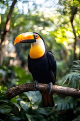 Obraz premium Channel-billed toucan perching on branch in lush tropical forest