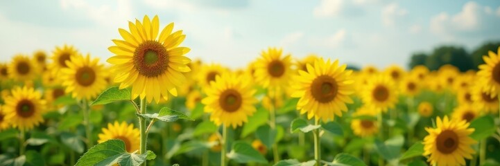 Bright yellow sunflowers in a field, with tall stalks and large petals, stretching towards the sky , blooming, sunny