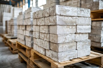 Concrete blocks stacked on wooden pallets in warehouse storage