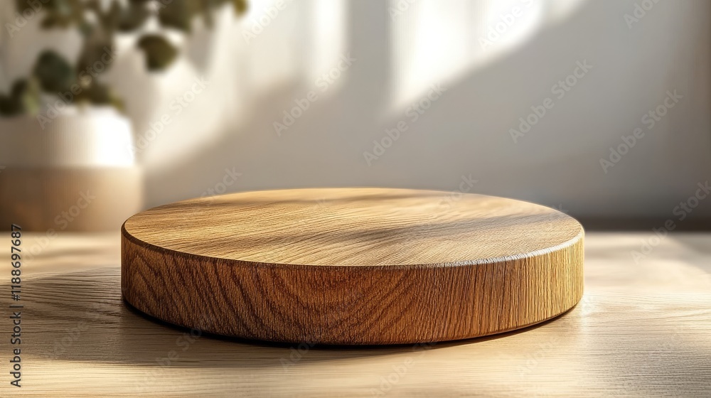 Poster elegant wooden pedestal with soft shadows and natural elements creating a peaceful and refined displ