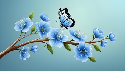 Artistic Interpretation Of A Bloom Flowers At Branch with Butterfly, Floral Background, Design An 8K UHD Image Featuring A Slender Branch, Blue Flowers with Butterfly