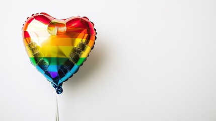 A single helium-filled glossy heart balloon in LGBTQ rainbow colors, floating gracefully against a bright white background.