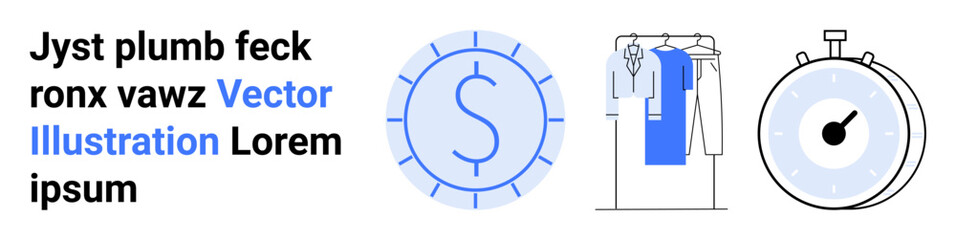 Clothing rack with garments, dollar sign clock, and stopwatch. Ideal for business, fashion, finances, time management, scheduling e-commerce productivity. Landing page