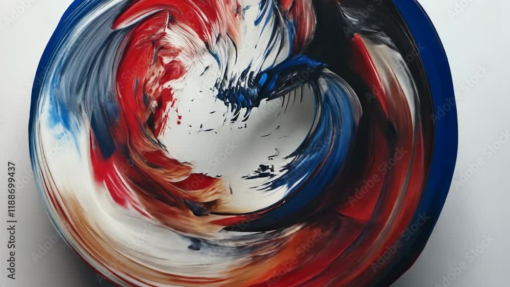 Poster abstract swirl of red, white, and blue paint on circular canvas with intricate patterns and textures