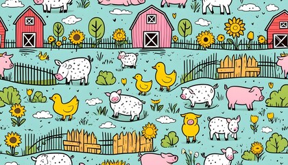 Illustrate individual  portraits of Savannah animals, A Vector Pattern featuring baby ocean animals, A cute and cheerful nursery pattern with baby farm