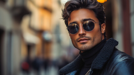 Photo of a man in sunglasses on a city street. Wearing a leather jacket and a black turtleneck sweater.