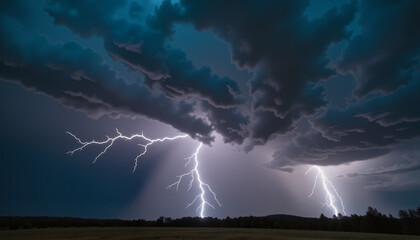 Dramatic thunderstorm clouds with intense lightning illuminating the sky over a vast landscape