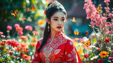 Elegant Lady in Red: A Serene Asian-Inspired Portrait