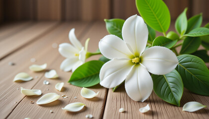 Fototapeta premium Delicate jasmine flowers scattered on wooden surface with water droplets, softly illuminated by natural light