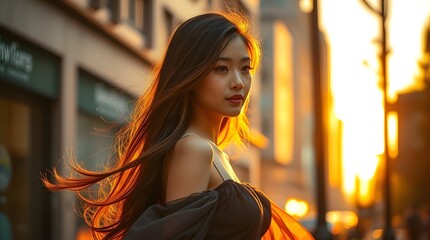Fototapeta premium Golden Hour Beauty: Woman with flowing hair in a sunset city