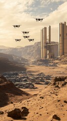 Desert settlement, futuristic structures, aerial vehicles.