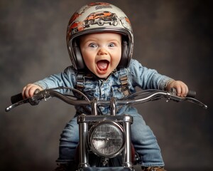 
A baby wearing a colorful helmet sits on a small motorcycle, holding the handlebars, with a happy expression.

