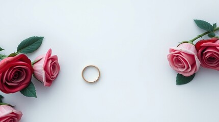 Elegant gold wedding band centered on white background, framed by pink and red roses with green leaves. Perfect for wedding invitations, romance themes, and bridal content.