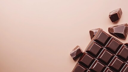Chocolate bar arranged on a smooth beige background, perfect for branding or advertising with room for text.
