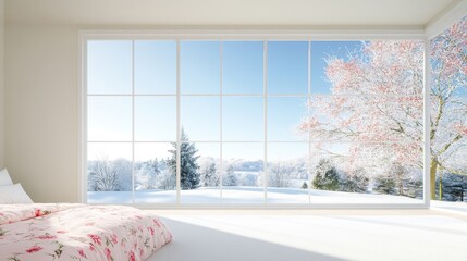Cozy bedroom with floor-to-ceiling window showcasing a serene winter landscape adorned with snow-covered trees and a bright blue sky